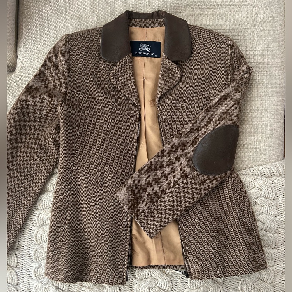 Burberry Brown Herringbone Blazer with Leather Collar
